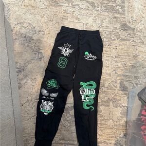 Black Joggers with Green and White Graphics